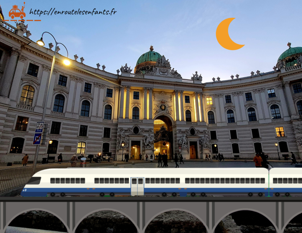 Palais du Hofburg de Vienne à la tombée de la nuit et train qui passe sur un viaduc