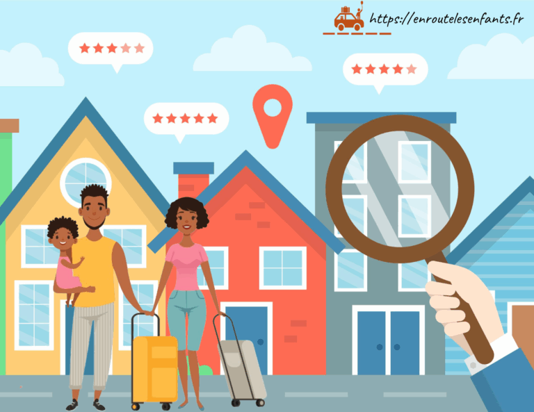 Une famille avec des valises : un papa, une maman et un enfant qui cherche une maison pour ses vacances sur Airbnb