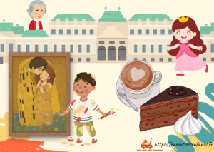 Dessin du Château de Schönbrunn, buste de Mozart, Princesse Sissi, Tableau du Baiser de Gustav Klimt, petit garçon entrain de peindre, café viennois, part de Sachertorte.