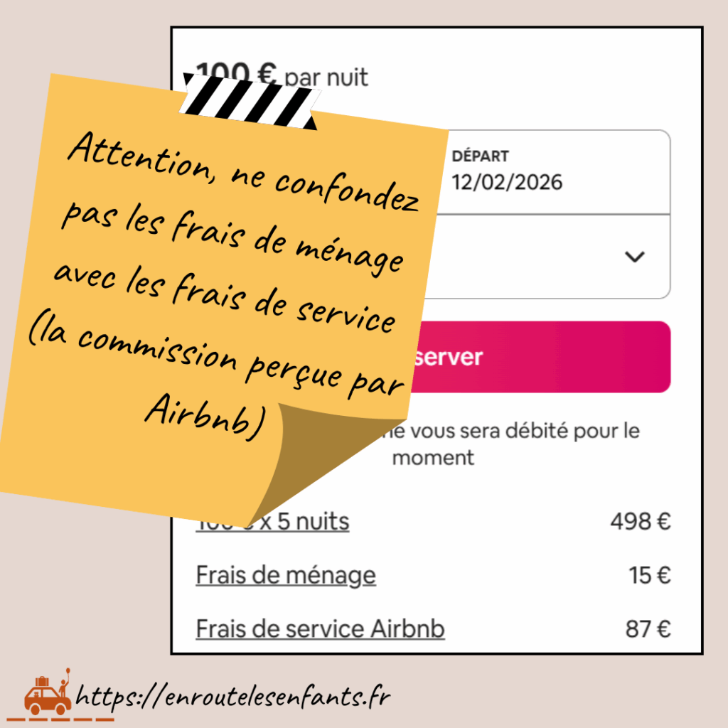Capture d'écran du récapitulatif du prix de la réservation sur Airbnb avec un post-it pour rappeler de ne pas confondre les frais de ménage et les frais de service