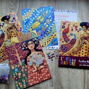 L'art à la manière - Gustav Klimt : une activité pour les enfants où on colle des sequins sur des tableaux illustrés inspirés du célèbre peintre autrichien