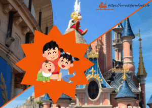 L'emblème du parc Astérix (Astérix perché sur son rocher) opposé à l'emblème de Disneyland Paris (le château de la Belle au Bois Dormant) et au milieu 3 jeunes enfants : un petit garçon, une petite fille et un bébé
