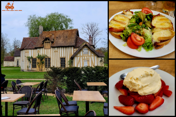 Restaurant le Hameau au Château de Chantilly : la terrasse du restaurant, un plat de tartines au maroilles et un dessert fraises-Chantilly