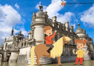 Le château de Chantilly et au premier plan 2 enfants et 1 cheval
