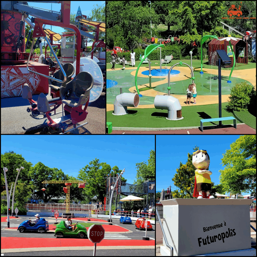 4 photos de la zone Futuropolis du Futuroscope : l'attraction les ails de Vinci, les jeux d'eau pour les enfants, l'entrée de la zone de jeu et le circuit de voiture pour les petits