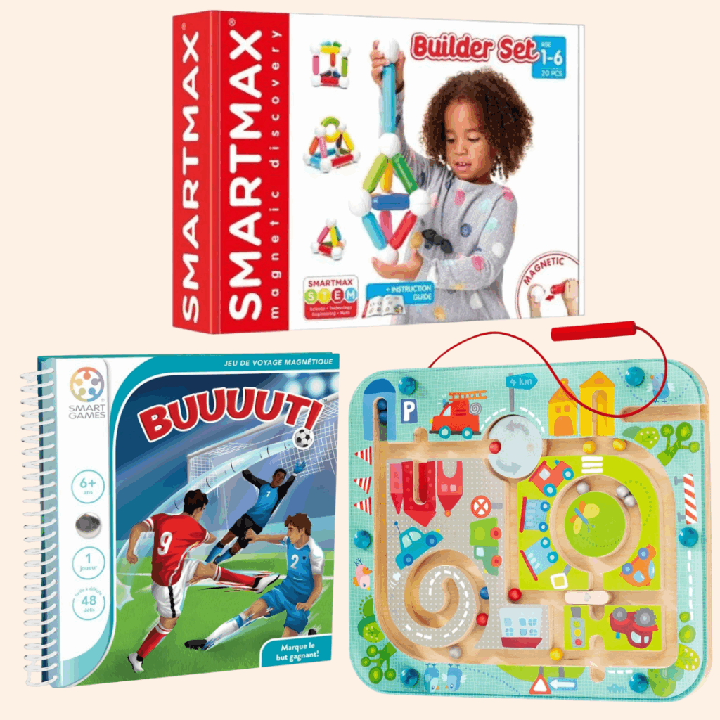 Une sélection de trois jeux magnétiques pour occuper les enfants dans la voiture : jeu de construction SmartMax, Labyrinthe magnétique Haba et Jeu de logique Smart Games