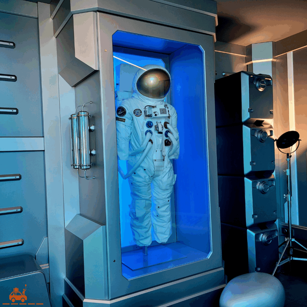 Une combinaison de cosmonaute exposée dans une vitrine dans le hall de l'hôtel Station Cosmos au Futuroscope