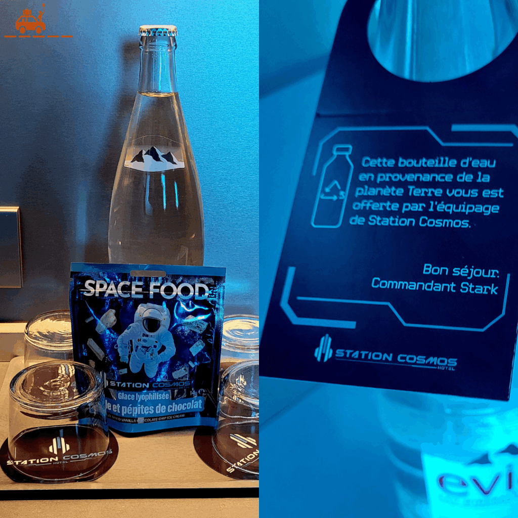 Une bouteille d'eau, 4 verres, un sachet de nourriture lyophilisée "Space Food" et un petit mot du commandant Stark de la Station Cosmos