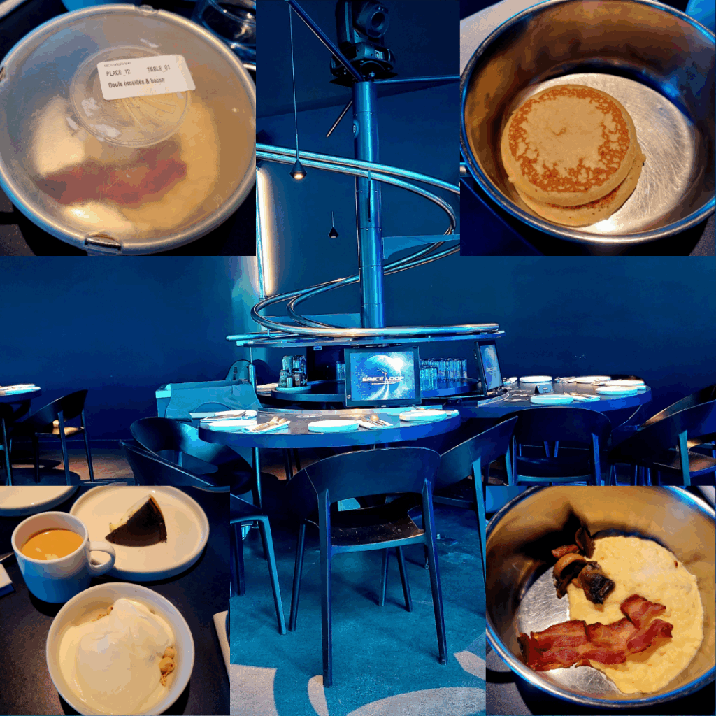 une table du restaurant Space Loop dressée pour le petit déjeuner et un aperçu des plats disponibles : pancakes, œufs brouillés aux lard et champignons, fromage blanc, muesli, tourteau fromager du Poitou, café.
