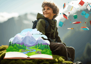 Petit garçon assis sur un rocher en montagne et entouré de livres.