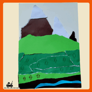 Activité manuelle pour les enfants : reproduire une montagne et ses différents étages de végétation avec des bandes de papiers de couleur déchirées.