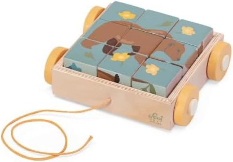 Chariot-puzzle en bois Sevi nature représentant 9 animaux de la montagne