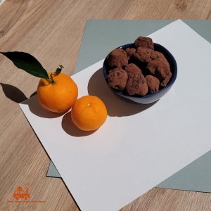 La recette de truffes au chocolat maison est terminée. Les truffes sont ici présentées dans un bol avec des clémentines
