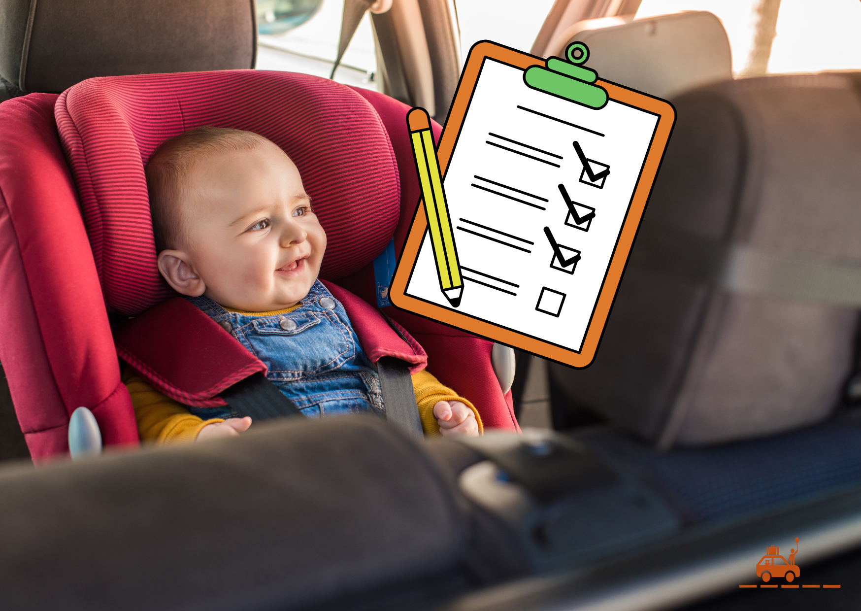 Bébé de 5 mois installé dans son siège-auto dans la voiture et check-list des équipements indispensables pour préparer un long voyage en voiture avec bébé.