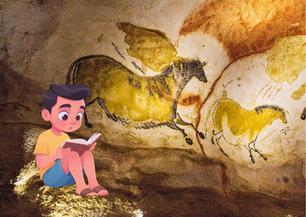 Enfant qui lit un livre dans une grotte préhistorique avec des peintures rupestres