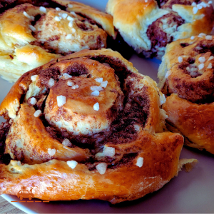 Des kanelboller (roulés à la cannelle norvégiens) disposés sur une assiette.