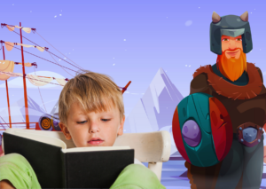 Enfant de 8 ans qui lit un livre devant un décor illustré avec un drakkar et un guerrier viking