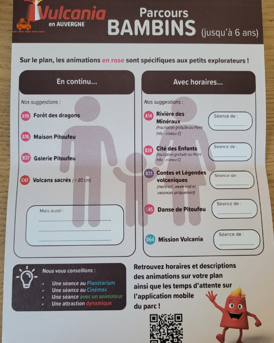 Fiche parcours Bambins pour enfants de moins de 6 ans disponible à l'entrée de Vulcania