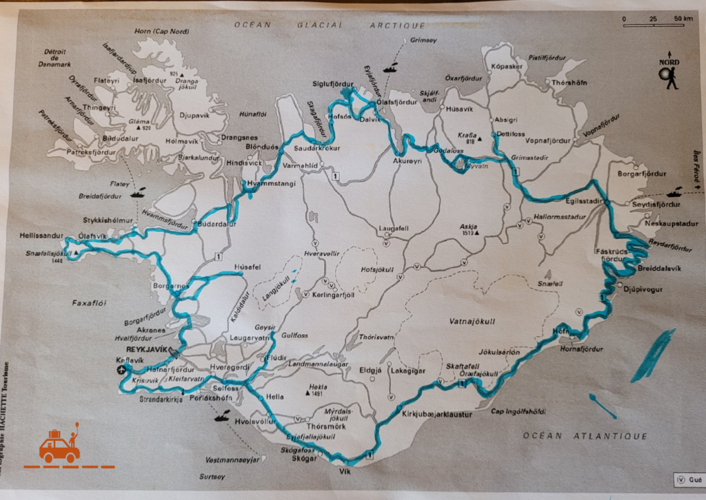 Carte imprimée de l'Islande avec itinéraire tracé au Stabilo
